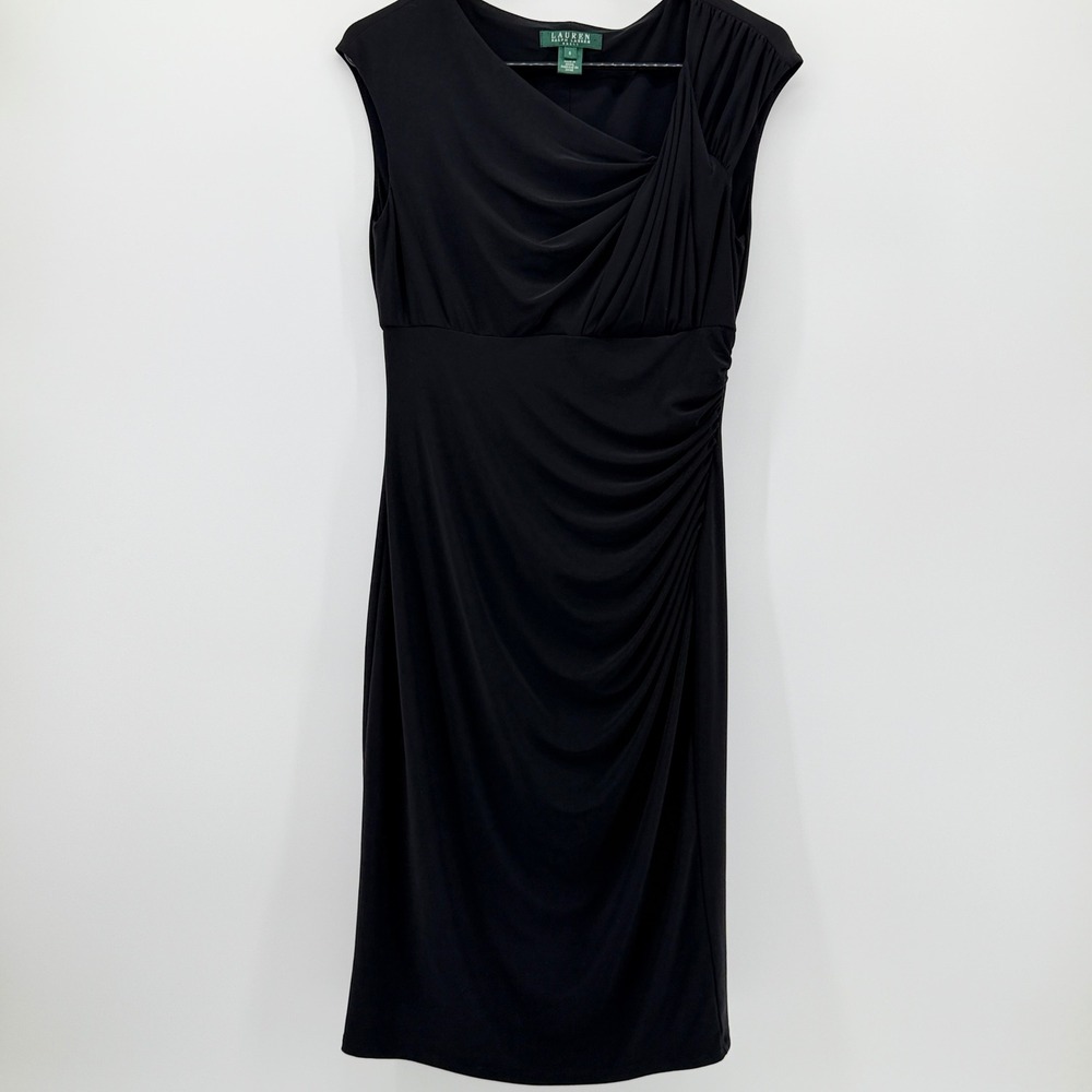 Lauren Ralph Lauren Black Ruched Drape Neck Sheath Dress Womens sz 6 Sleeveless